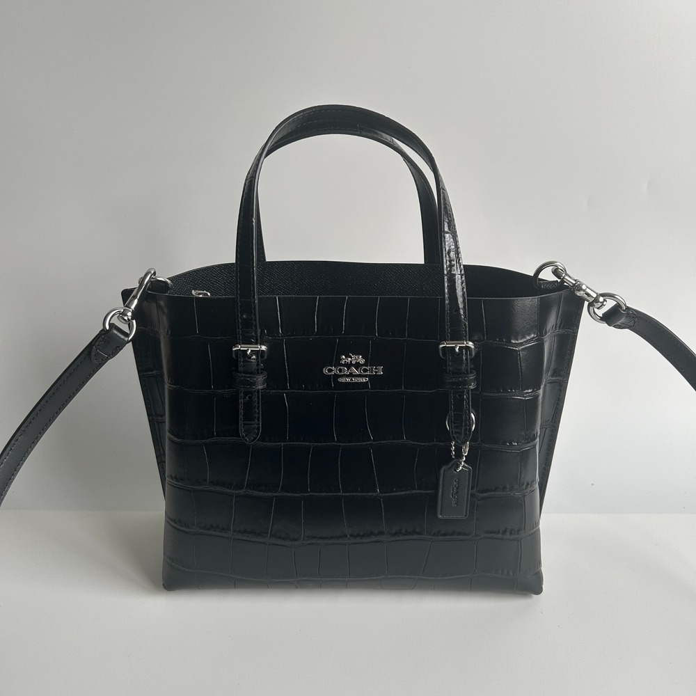 Coach Mollie Tote 25 Black Crocodile Embossed Leather Bag CW017